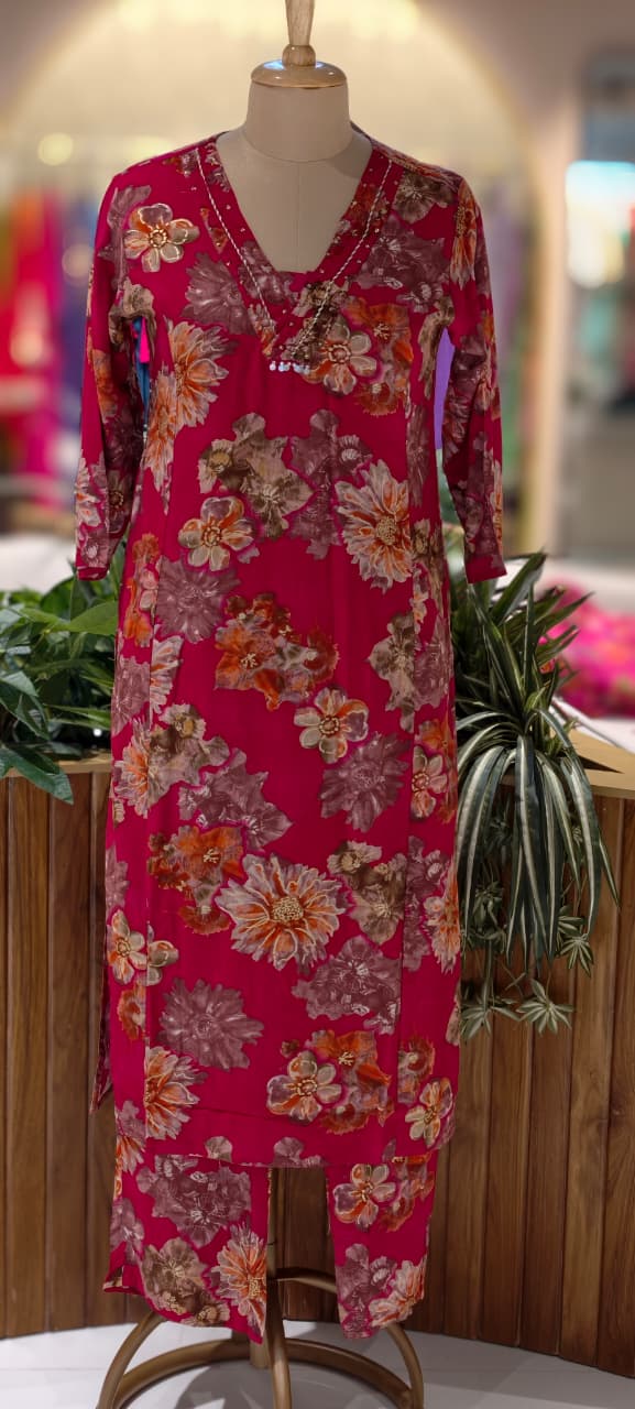 Earthy Bloom Digital Floral Print Vibrant Kurta Pant Set In Cotton Fabric