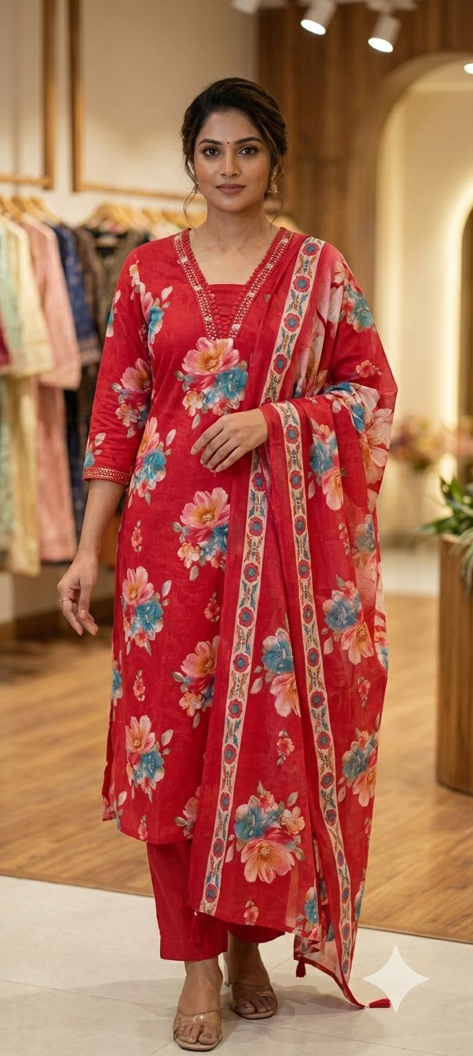 Elegant Red Floral Printed Cotton Kurta Set with Matching Dupatta-13680