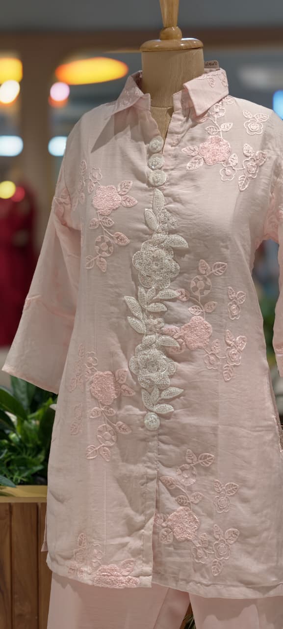 Blush Pink Floral Embroidered Organza Co-Ord Set With Tiny Pearl & Sequin Placket- 13589