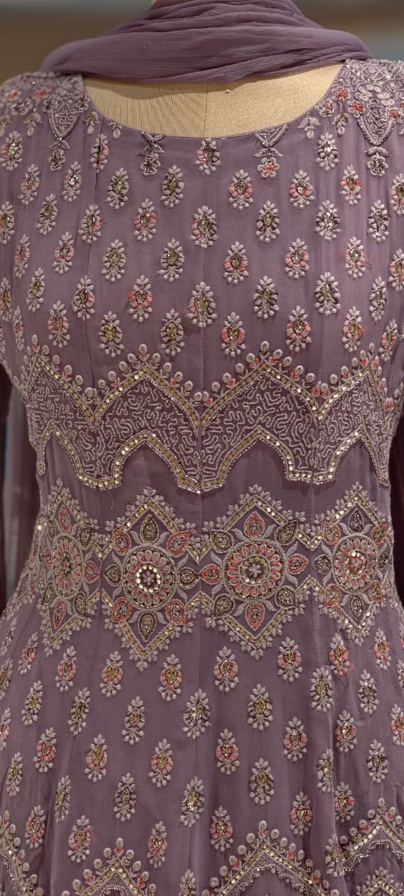 Lavender Hues Hand-Embellished Premium Festive Georgette Full Suit Set With Dupatta- 13678