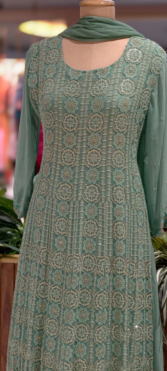 Seafoam Green Hand-Embellished Tiny Stone Work Long Kurta With With Bottom & Dupatta In Premium Georgette Fabric- 13677