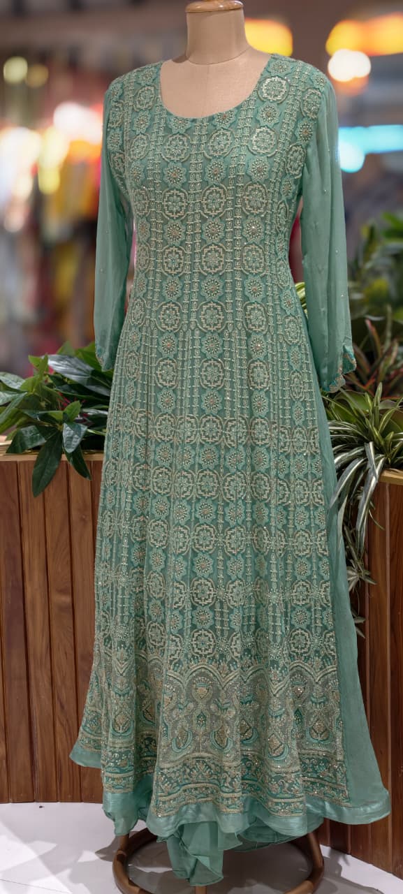 Seafoam Green Hand-Embellished Tiny Stone Work Long Kurta With With Bottom & Dupatta In Premium Georgette Fabric- 13677
