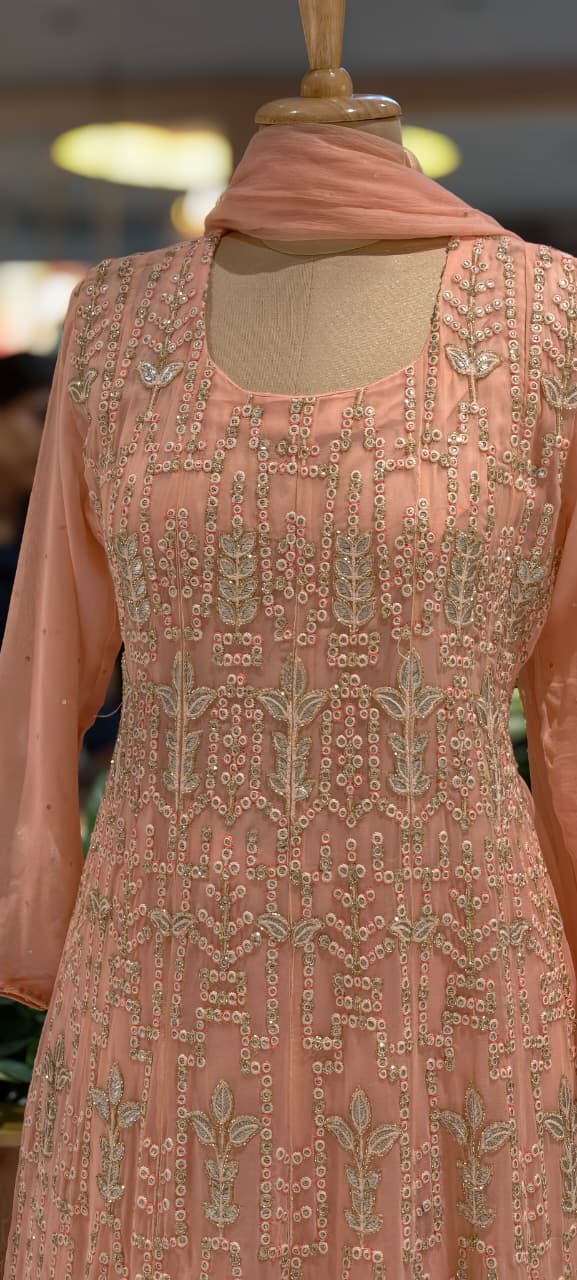 Zardosi Thread Work Sequin Embellishments Floral Motifs Lucknowi Style Premium Georgette Fabric- 13675