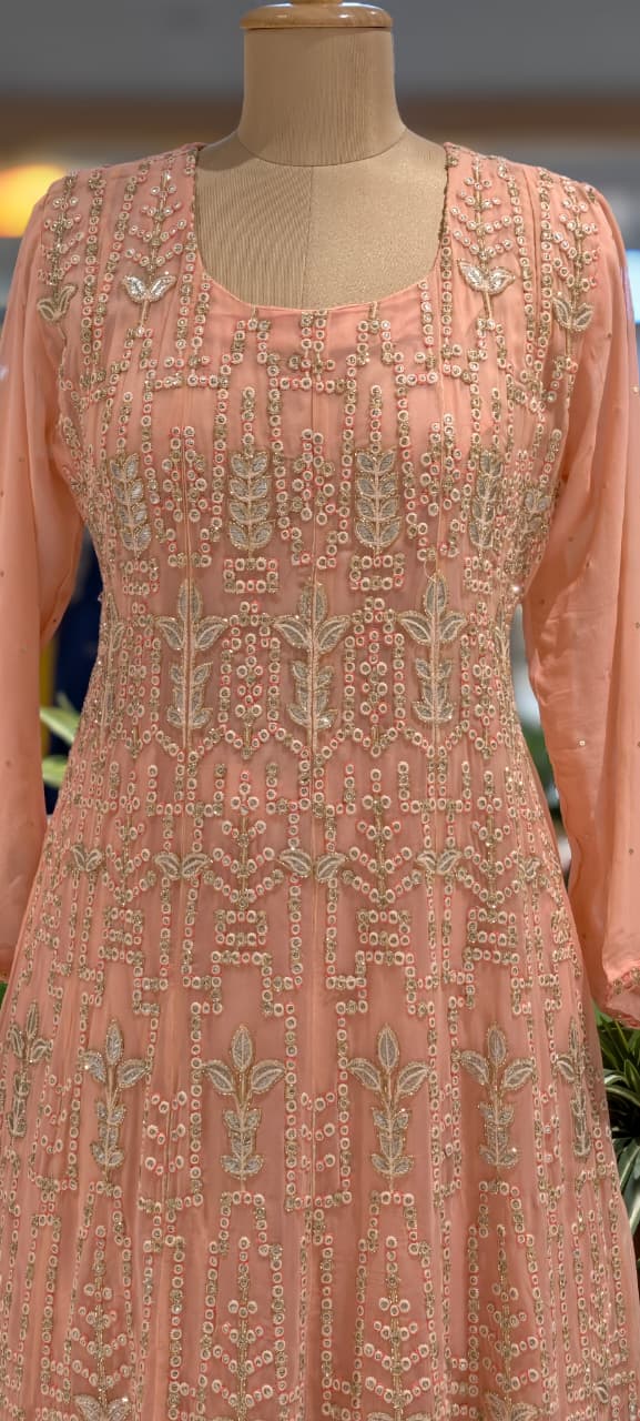 Zardosi Thread Work Sequin Embellishments Floral Motifs Lucknowi Style Premium Georgette Fabric- 13675