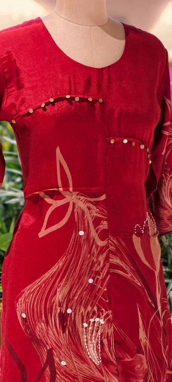 Stylish Matching Co-Ord Set With Coin Tassel & Printed Work In Muslin Fabric- 13653