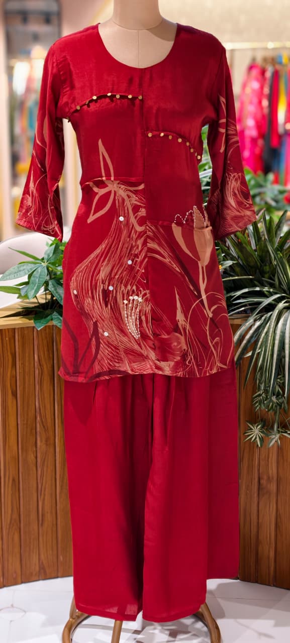 Stylish Matching Co-Ord Set With Coin Tassel & Printed Work In Muslin Fabric- 13653