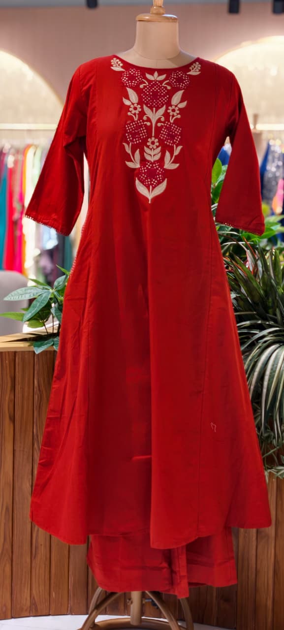 Floral Yoke Thread Embroidered A-Line Cotton Kurta Pant Set With Side Pockets- 13714