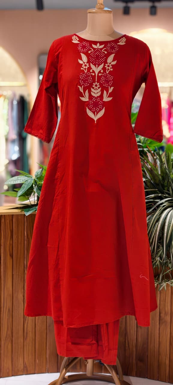 Floral Yoke Thread Embroidered A-Line Cotton Kurta Pant Set With Side Pockets- 13714