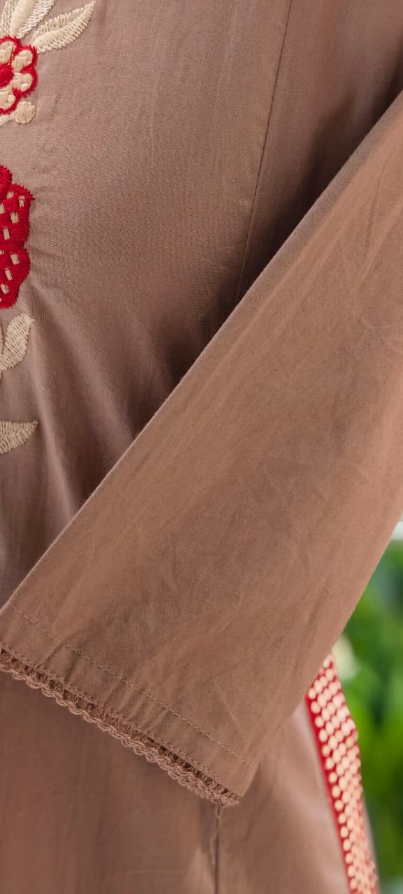 Floral Yoke Thread Embroidered A-Line Cotton Kurta Pant Set With Side Pockets- 13714