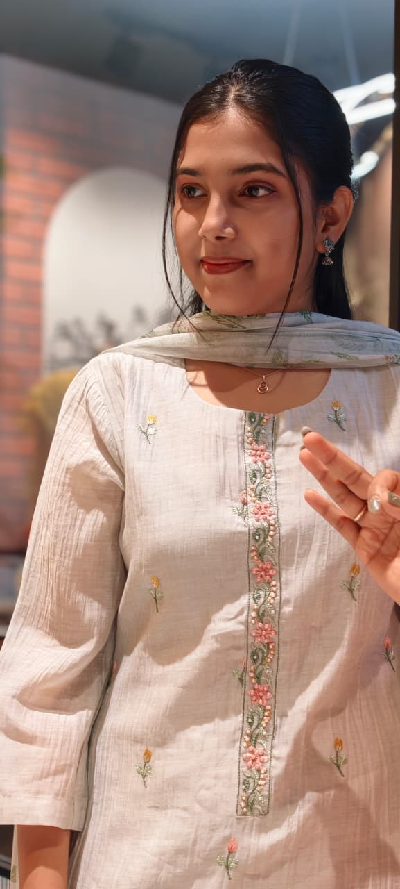 Pastel Soft Apricot & Ash Floral Spring Embroidered  Mul Chanderi Full Suit Set With Pure Chiffon Dupatta - 13719,13730