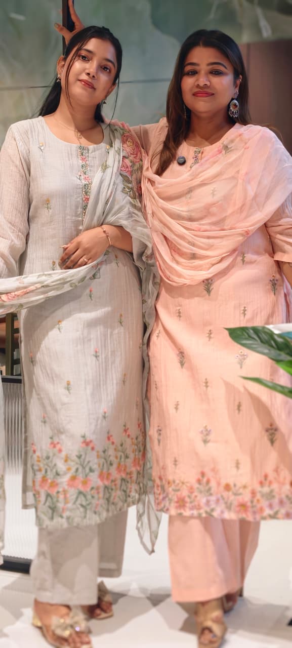 Pastel Soft Apricot & Ash Floral Spring Embroidered  Mul Chanderi Full Suit Set With Pure Chiffon Dupatta - 13719,13730