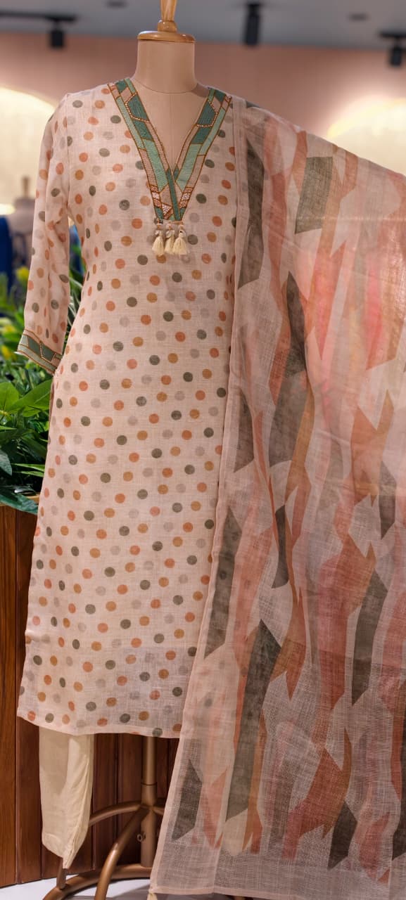 Polka Inspired Dotted Kodi Tassel V-Neck Full Suit Set With Dupatta In Checks Cotton Fabric- 13728