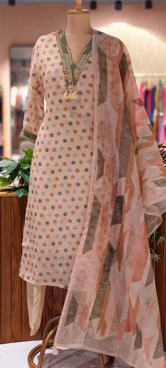 Polka Inspired Dotted Kodi Tassel V-Neck Full Suit Set With Dupatta In Checks Cotton Fabric- 13728