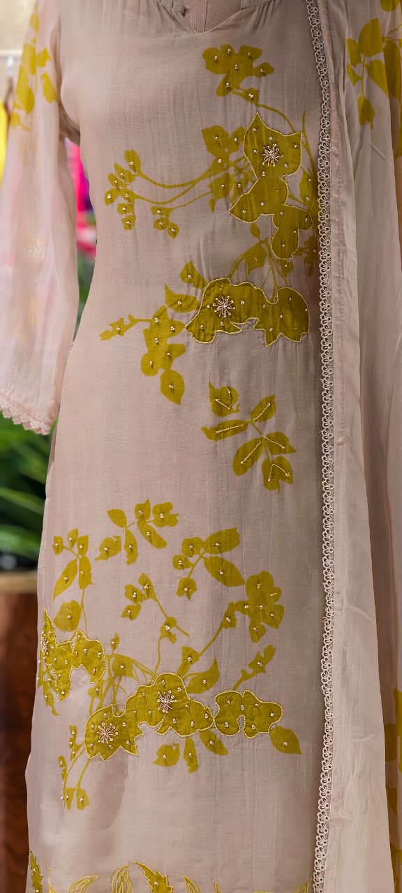 Lime Petal Printed With Sequin Upwork Crosia Borders Full Suit Set With Dupatta- 13737