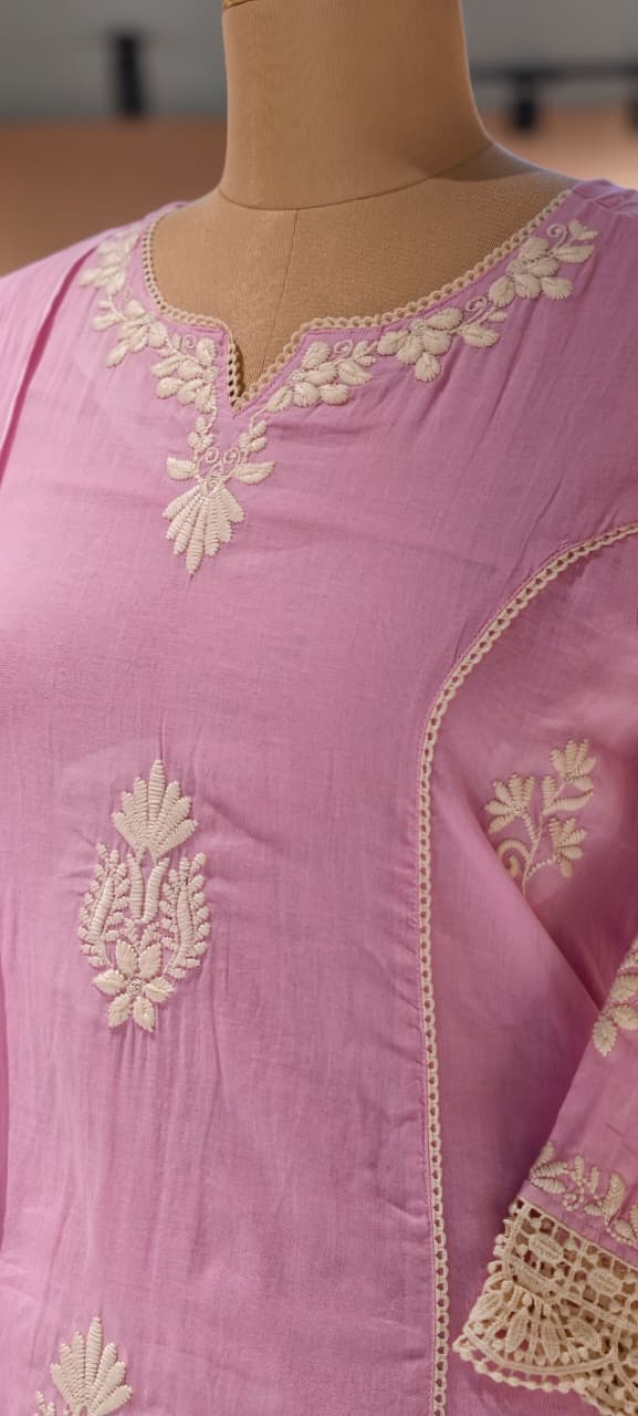 Chikankari Thread Embroidered Pastel Tone Soft A-Line Full Suit Set With Dupatta- 13703