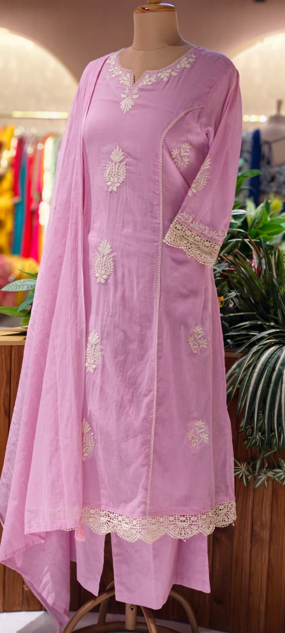 Chikankari Thread Embroidered Pastel Tone Soft A-Line Full Suit Set With Dupatta- 13703