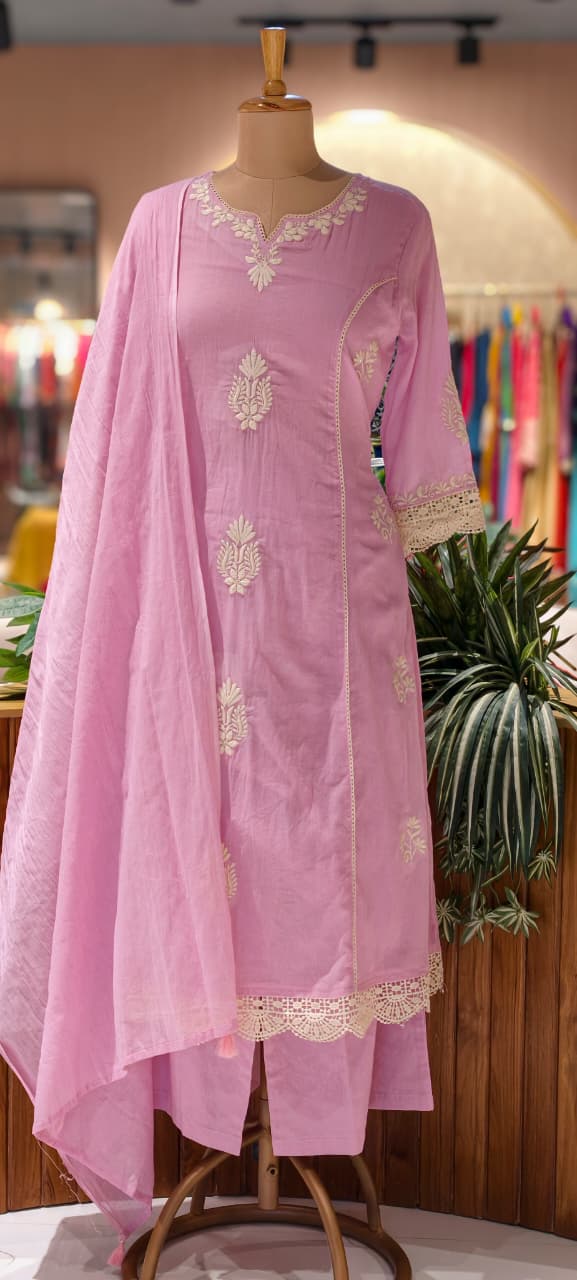 Chikankari Thread Embroidered Pastel Tone Soft A-Line Full Suit Set With Dupatta- 13703