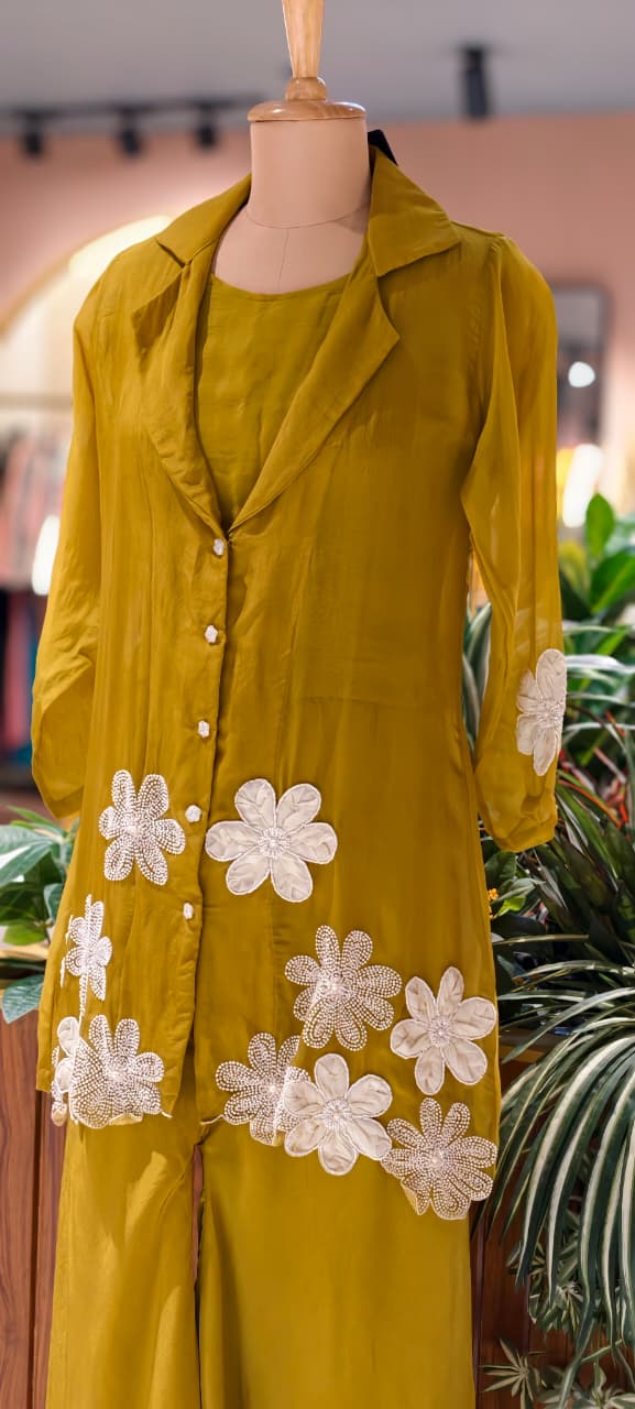 Floral Elegance Applique Pearl Upwork Solid Co-Ord Set In Organza Fabric (Inner Inside)-13748