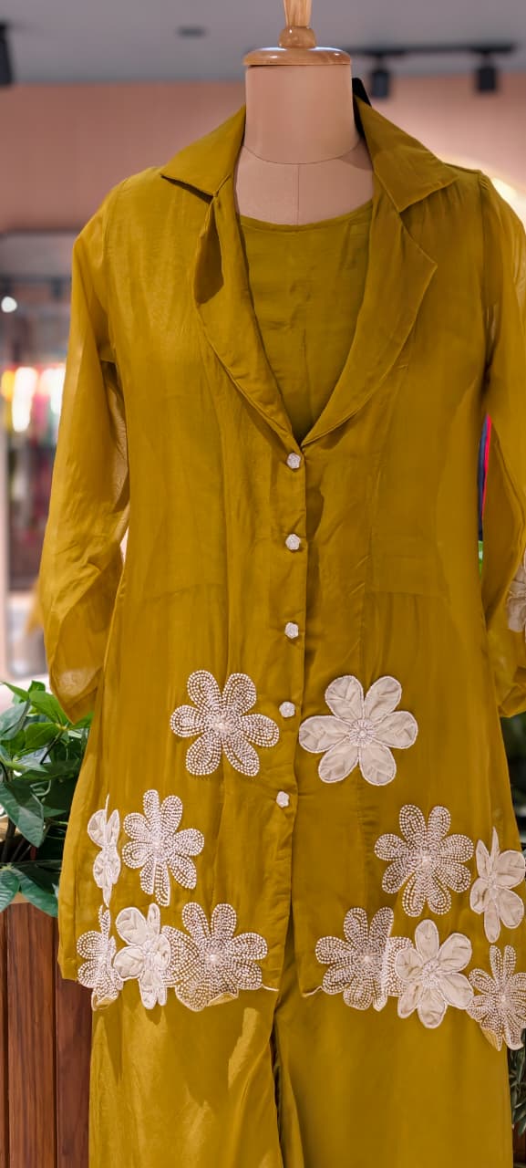 Floral Elegance Applique Pearl Upwork Solid Co-Ord Set In Organza Fabric (Inner Inside)-13748