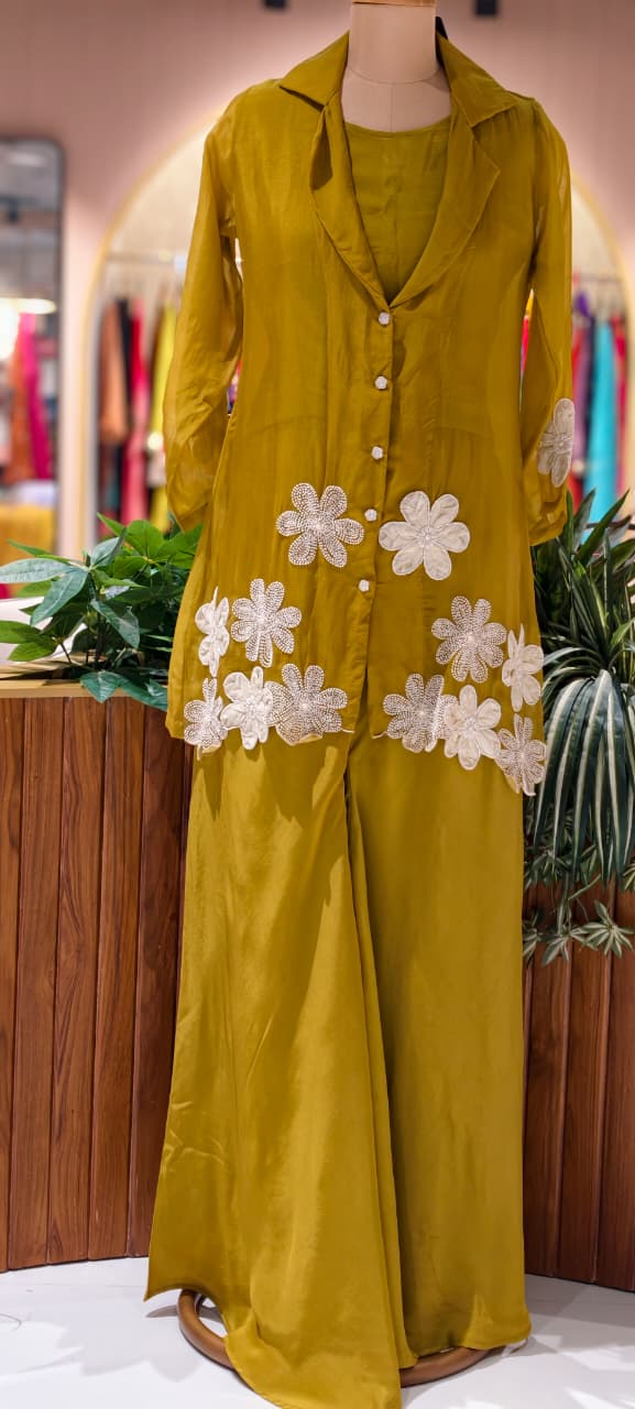 Floral Elegance Applique Pearl Upwork Solid Co-Ord Set In Organza Fabric (Inner Inside)-13748