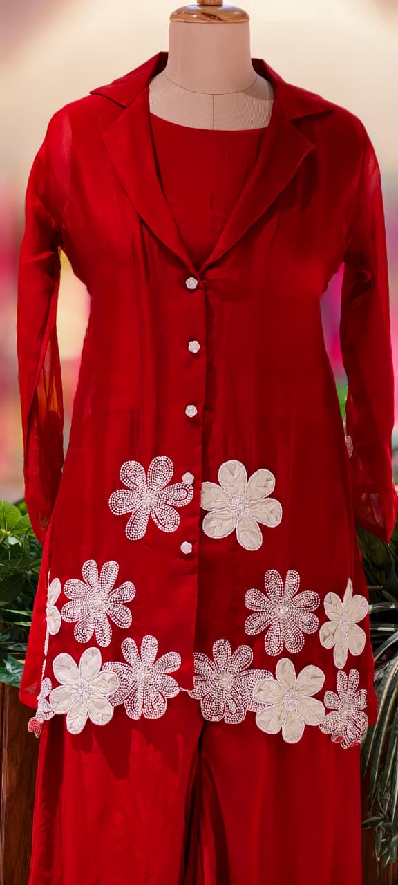 Floral Elegance Applique Pearl Upwork Solid Co-Ord Set In Organza Fabric (Inner Inside)-13748