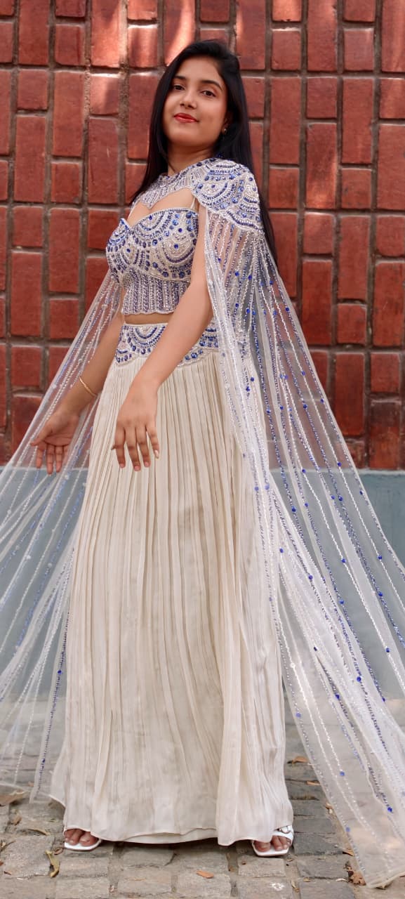 Royal Blue Crystallex Sequin Embellished Handwork Crop-Top With Skirt & Heavy Majestic Cape