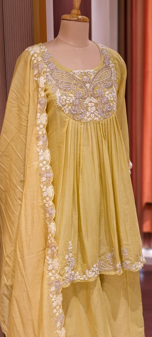 Zardosi Rich Look Yoke Suttle Short Length A-Line Full Suit Set With Loose Bottom In Mul Chanderi Fabric- 13722