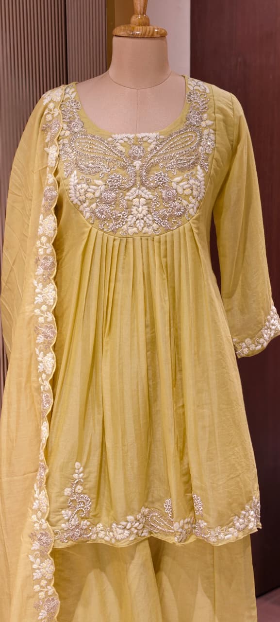 Zardosi Rich Look Yoke Suttle Short Length A-Line Full Suit Set With Loose Bottom In Mul Chanderi Fabric- 13722