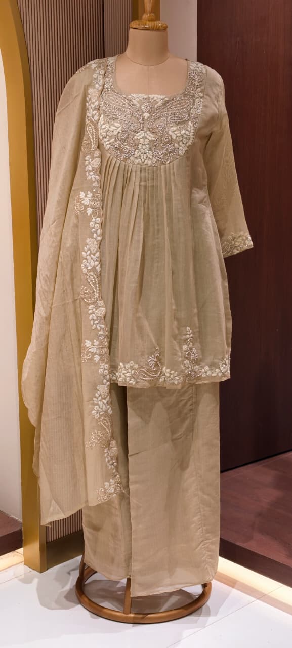 Zardosi Rich Look Yoke Suttle Short Length A-Line Full Suit Set With Loose Bottom In Mul Chanderi Fabric- 13722