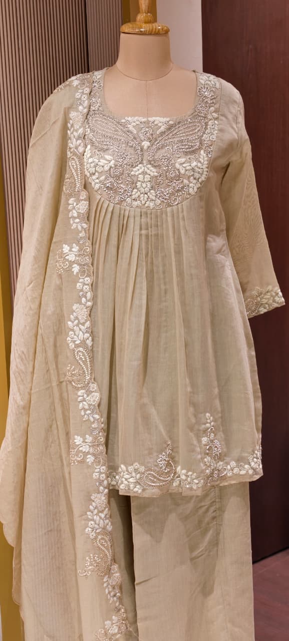 Zardosi Rich Look Yoke Suttle Short Length A-Line Full Suit Set With Loose Bottom In Mul Chanderi Fabric- 13722