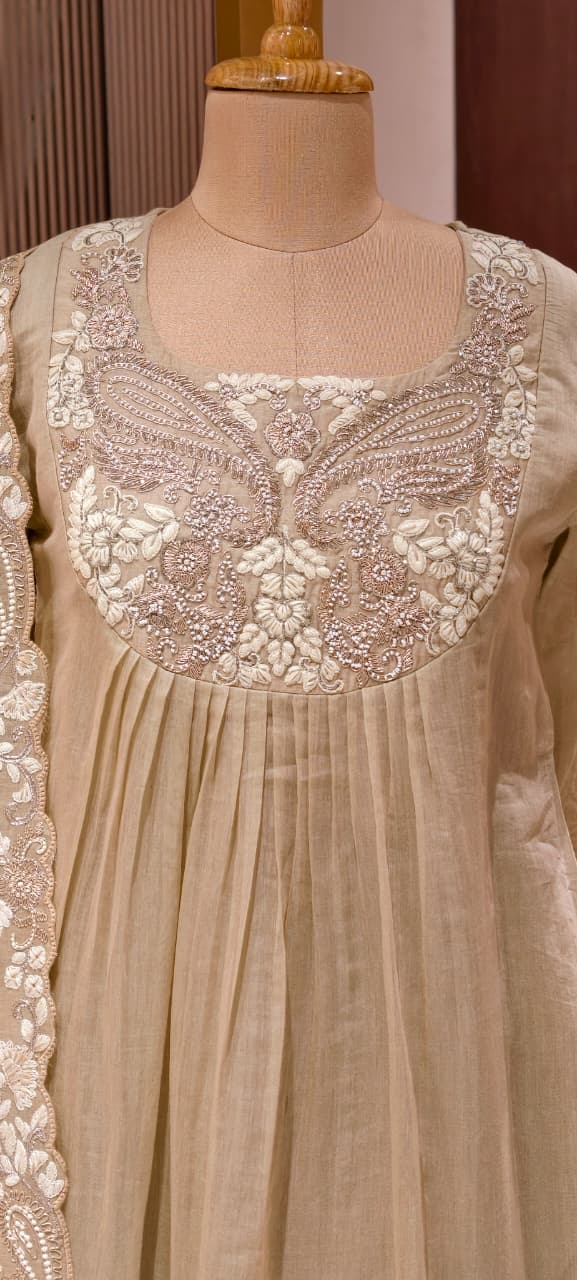 Zardosi Rich Look Yoke Suttle Short Length A-Line Full Suit Set With Loose Bottom In Mul Chanderi Fabric- 13722