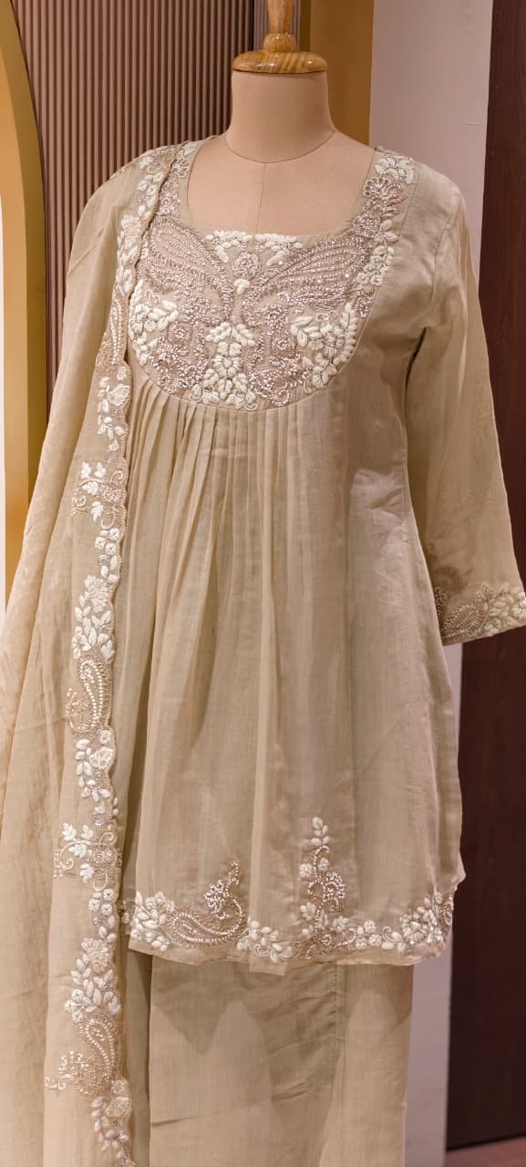 Zardosi Rich Look Yoke Suttle Short Length A-Line Full Suit Set With Loose Bottom In Mul Chanderi Fabric- 13722