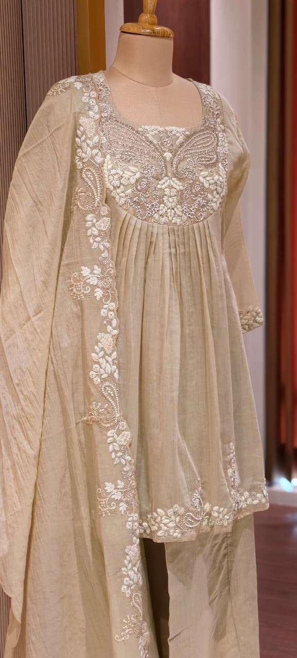 Zardosi Rich Look Yoke Suttle Short Length A-Line Full Suit Set With Loose Bottom In Mul Chanderi Fabric- 13722