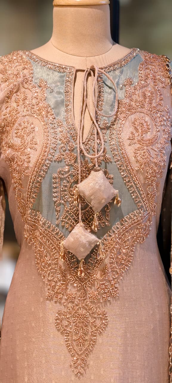 Royal Jade Hand-Embellished Premium Sheer High-End Pure Pakistani Full Suit Set With Tasseled Dupatta