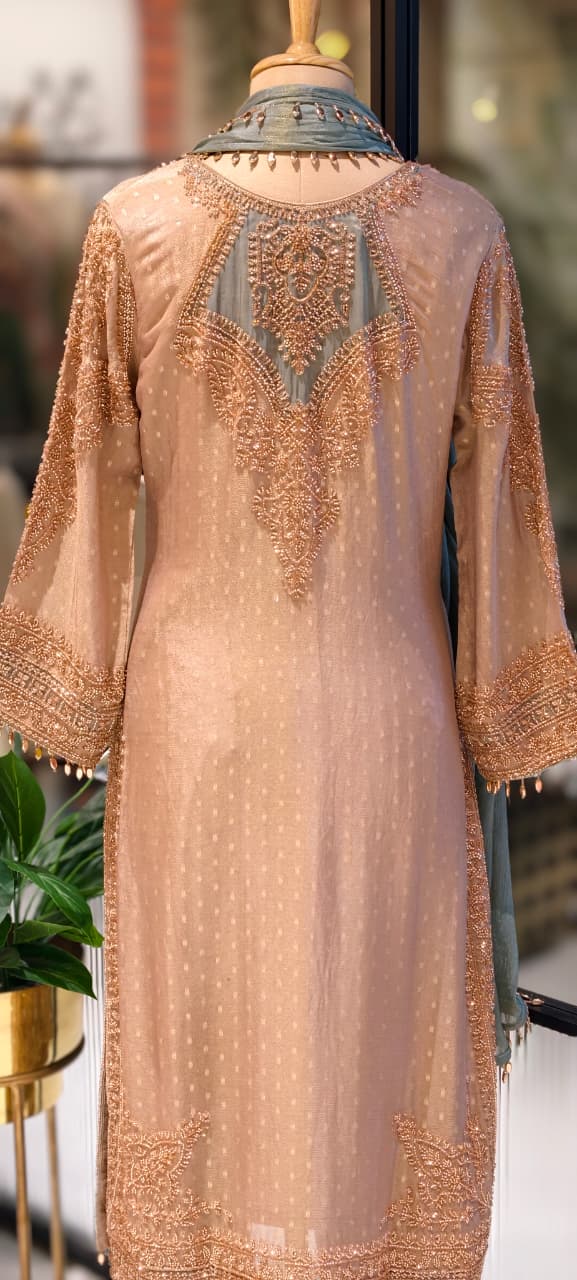 Royal Jade Hand-Embellished Premium Sheer High-End Pure Pakistani Full Suit Set With Tasseled Dupatta