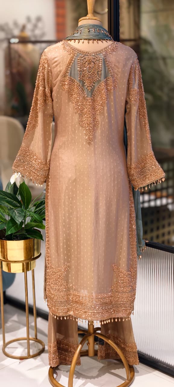 Royal Jade Hand-Embellished Premium Sheer High-End Pure Pakistani Full Suit Set With Tasseled Dupatta