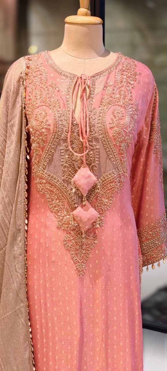 Royal Jade Hand-Embellished Premium Sheer High-End Pure Pakistani Full Suit Set With Tasseled Dupatta