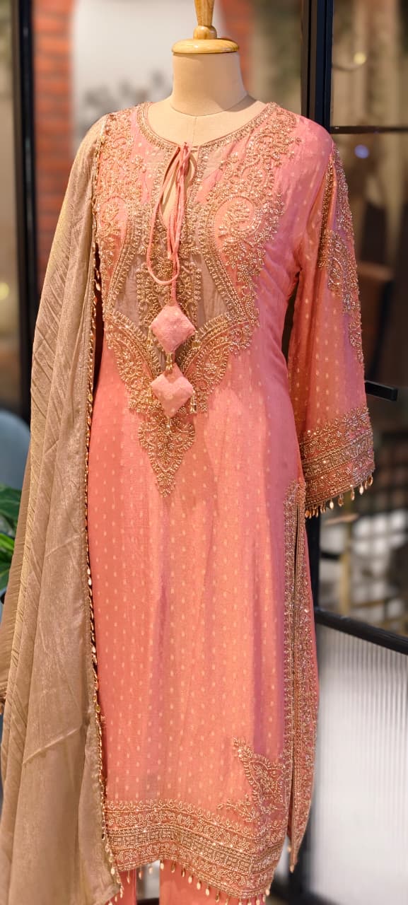 Royal Jade Hand-Embellished Premium Sheer High-End Pure Pakistani Full Suit Set With Tasseled Dupatta
