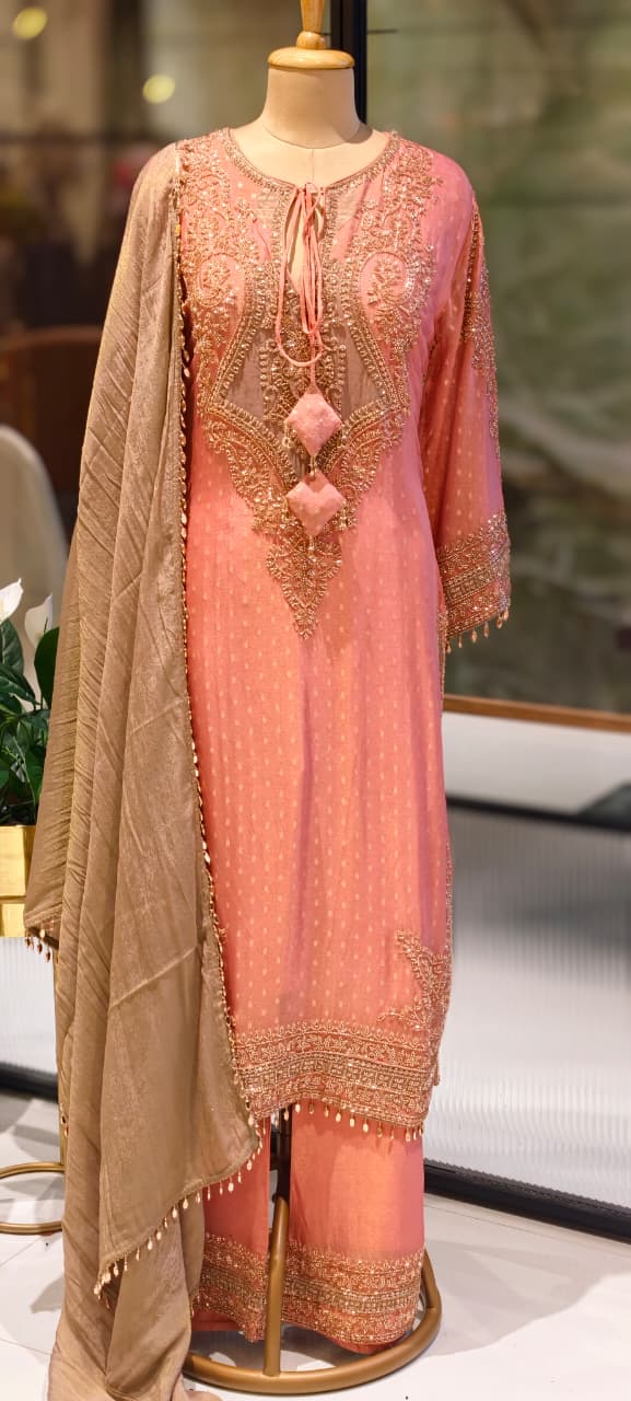 Royal Jade Hand-Embellished Premium Sheer High-End Pure Pakistani Full Suit Set With Tasseled Dupatta