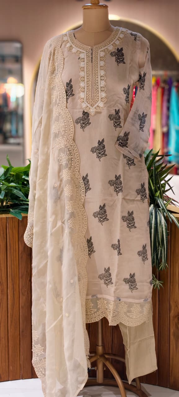 Printed Floral Placement Pearl Embroidered Neck Line Suttle Full Suit Set With Dupatta In Organza Fabric- 13769