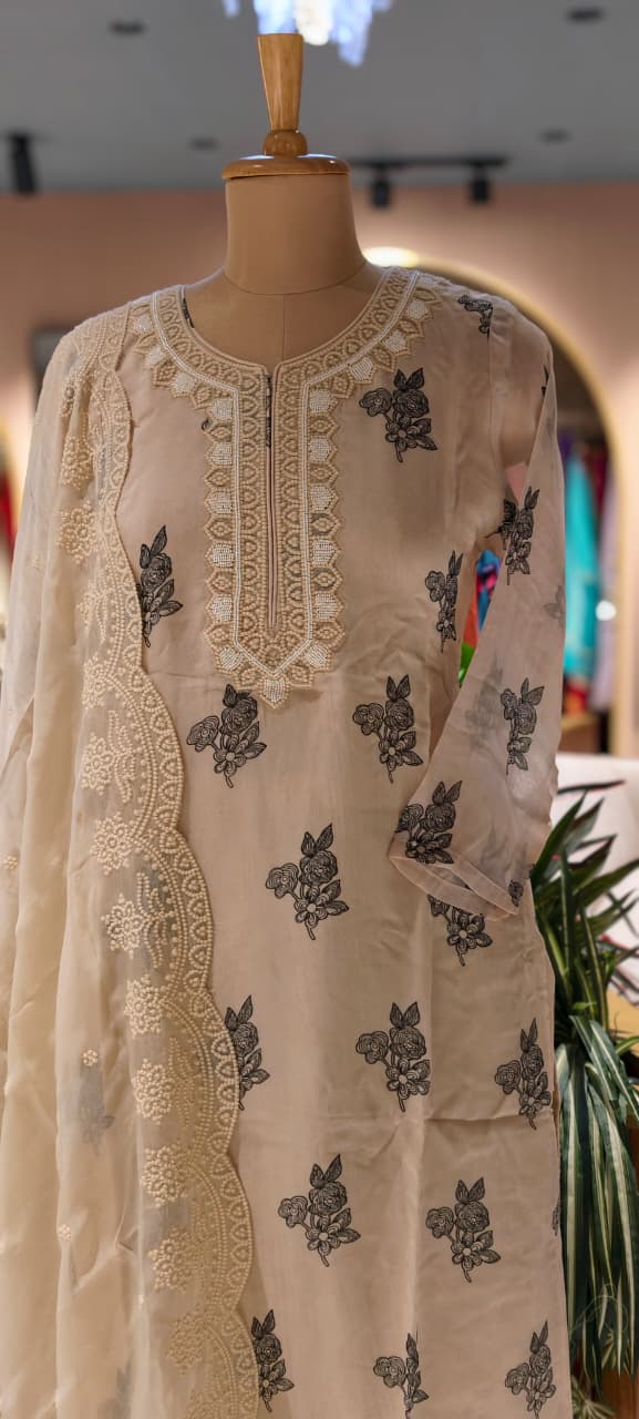Printed Floral Placement Pearl Embroidered Neck Line Suttle Full Suit Set With Dupatta In Organza Fabric- 13769