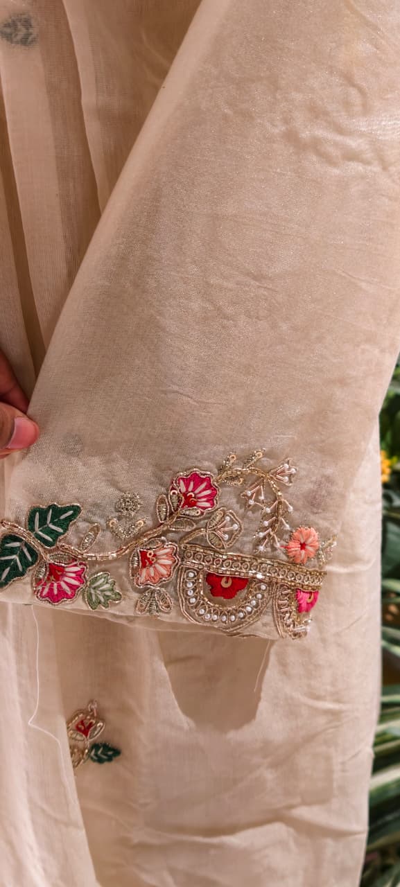 Ivory Dainty Floral Embroidered A-Line Full Suit Set With Dupatta In Mul-Chanderi Fabric-13771