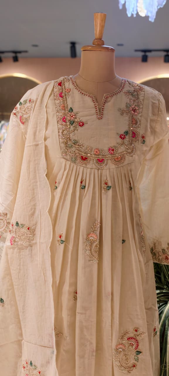 Ivory Dainty Floral Embroidered A-Line Full Suit Set With Dupatta In Mul-Chanderi Fabric-13771