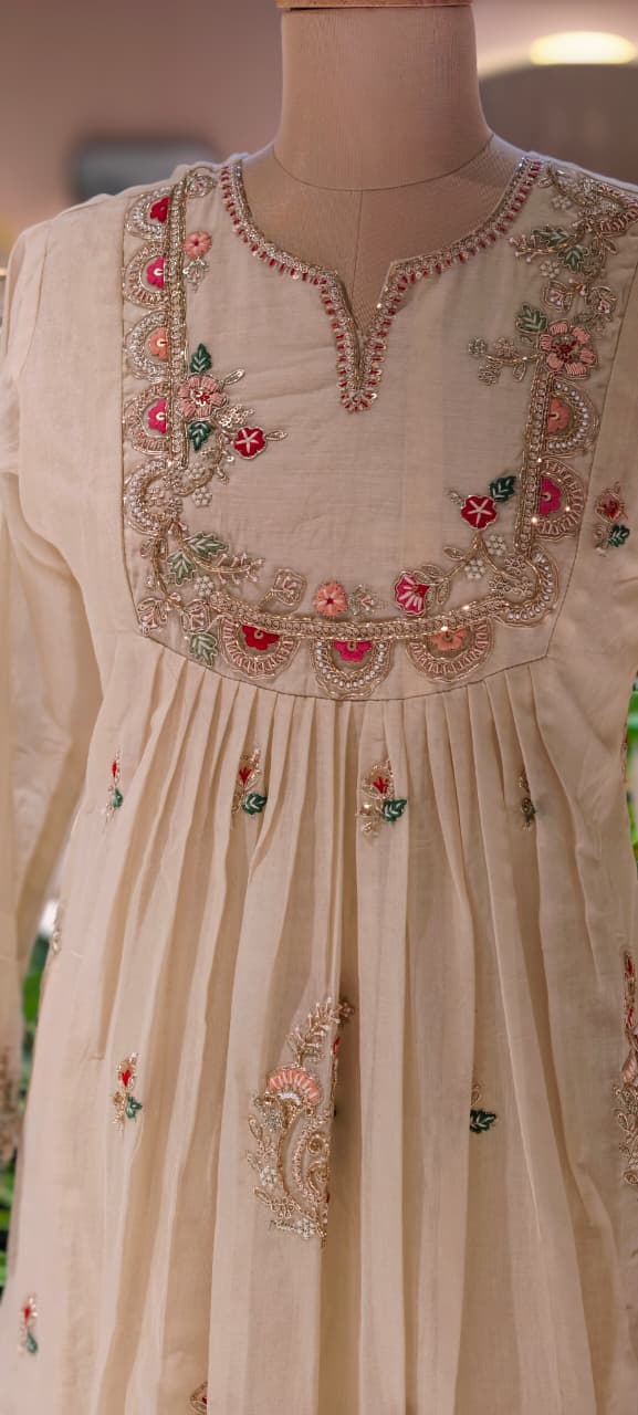 Ivory Dainty Floral Embroidered A-Line Full Suit Set With Dupatta In Mul-Chanderi Fabric-13771