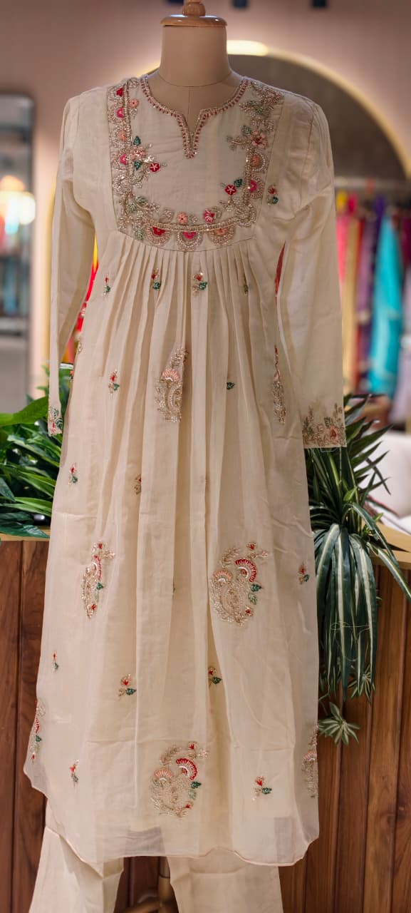 Ivory Dainty Floral Embroidered A-Line Full Suit Set With Dupatta In Mul-Chanderi Fabric-13771