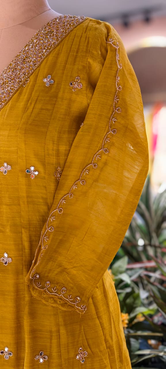 Elegant Real Mirror Embroidered With Cut Dana Panel Anarkali Full Suit Set With Dupatta In Mul Chanderi Fabric- 13763