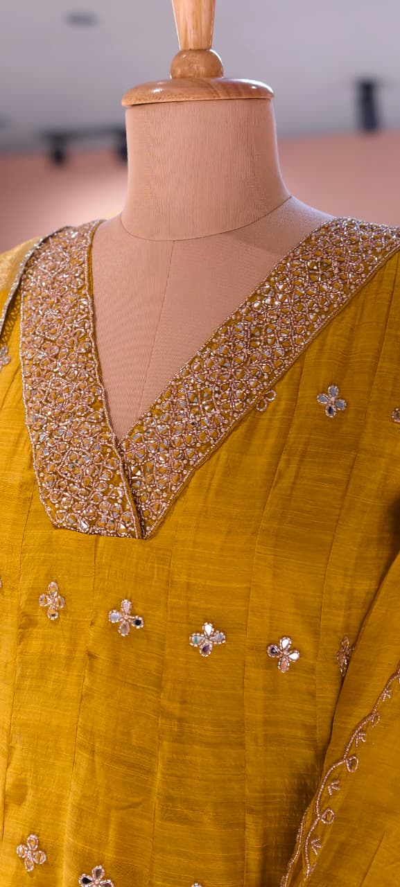 Elegant Real Mirror Embroidered With Cut Dana Panel Anarkali Full Suit Set With Dupatta In Mul Chanderi Fabric- 13763