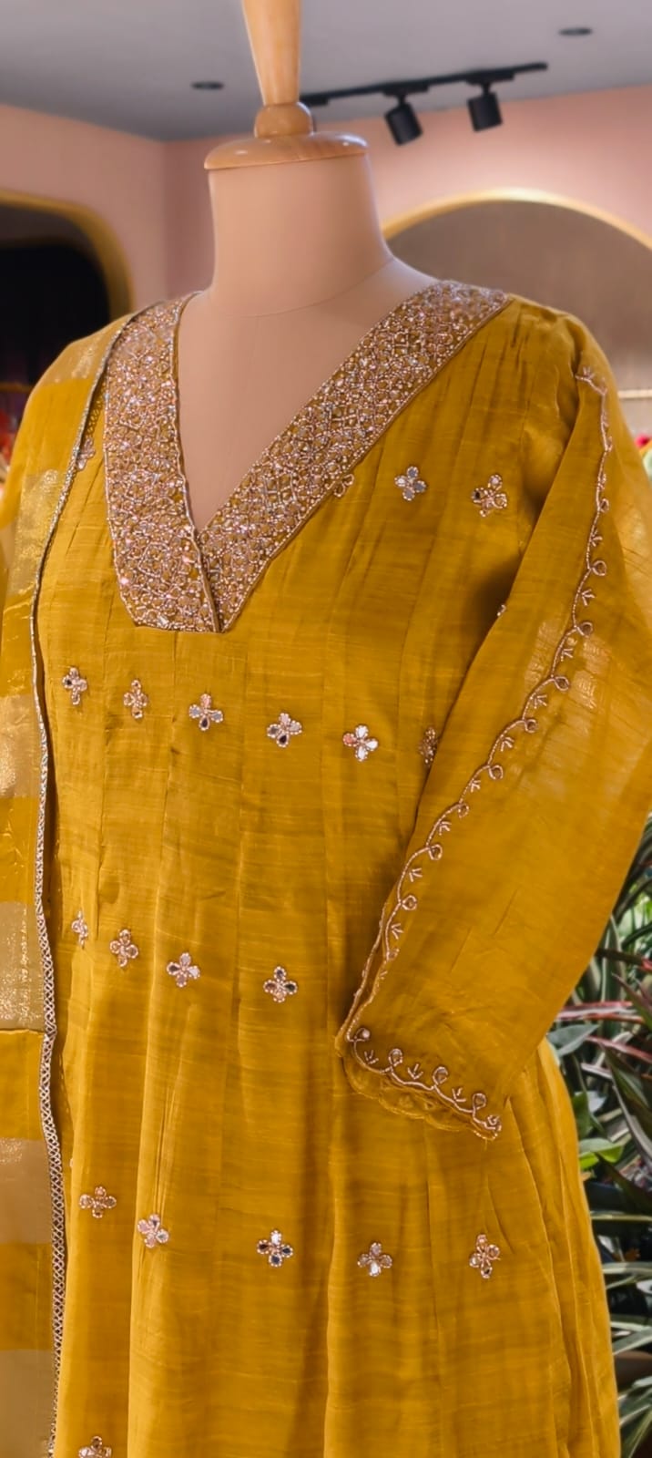 Elegant Real Mirror Embroidered With Cut Dana Panel Anarkali Full Suit Set With Dupatta In Mul Chanderi Fabric- 13763