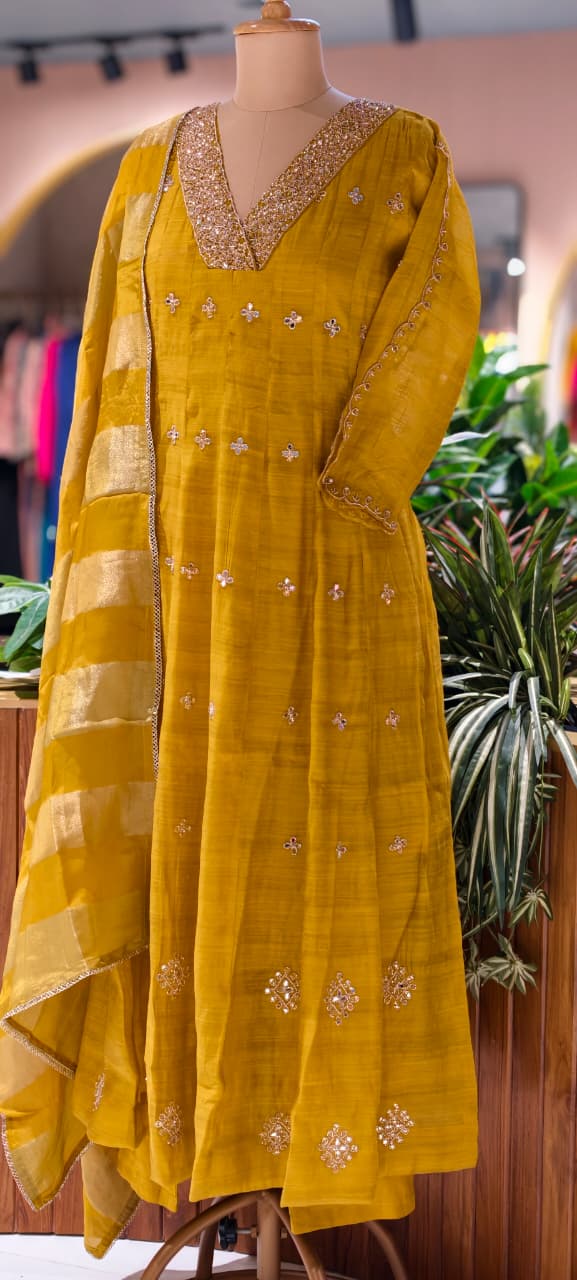 Elegant Real Mirror Embroidered With Cut Dana Panel Anarkali Full Suit Set With Dupatta In Mul Chanderi Fabric- 13763