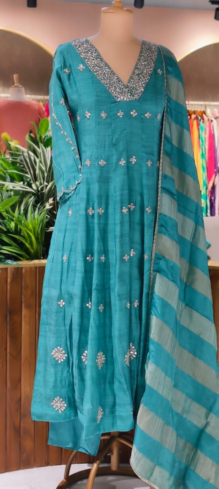 Elegant Real Mirror Embroidered With Cut Dana Panel Anarkali Full Suit Set With Dupatta In Mul Chanderi Fabric- 13763